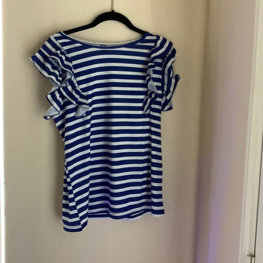 Blue and white horizontal top with ruffles on shoulders